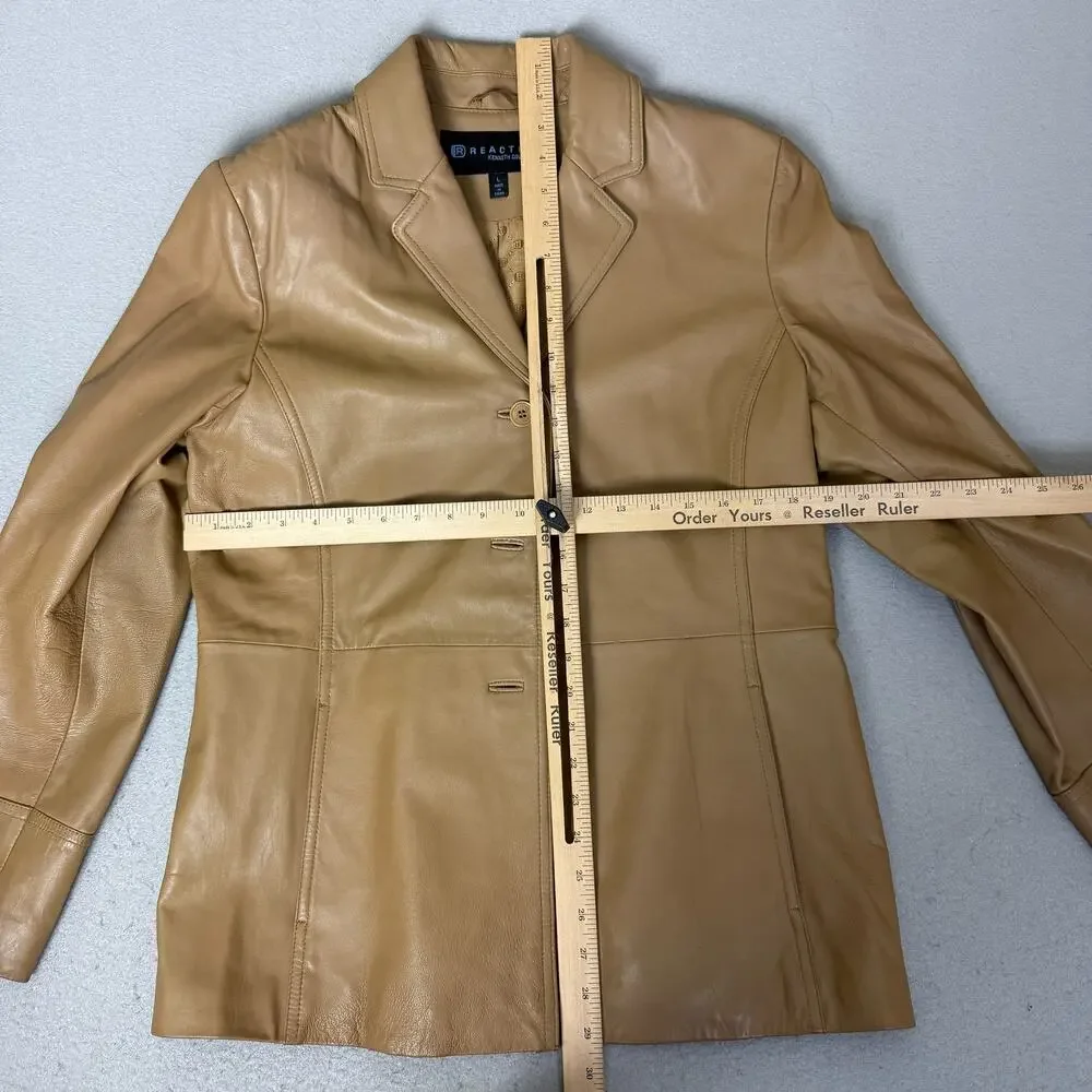Reaction Kenneth Cole Women L Tan 100% Leather Blazer Jacket Button Lined - Picture 3 of 6